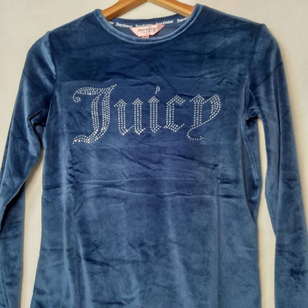 Juicy Couture Sleepwear Shirt Small Blue Velour Rhinestones Long Sleeve Y2K